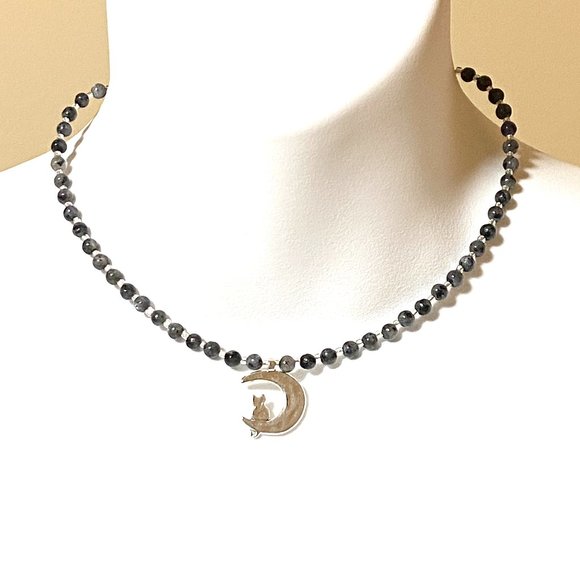 Larvikite Silver Cat on the Moon Necklace, Genuine Gemstone Beaded Necklace - Picture 1 of 10